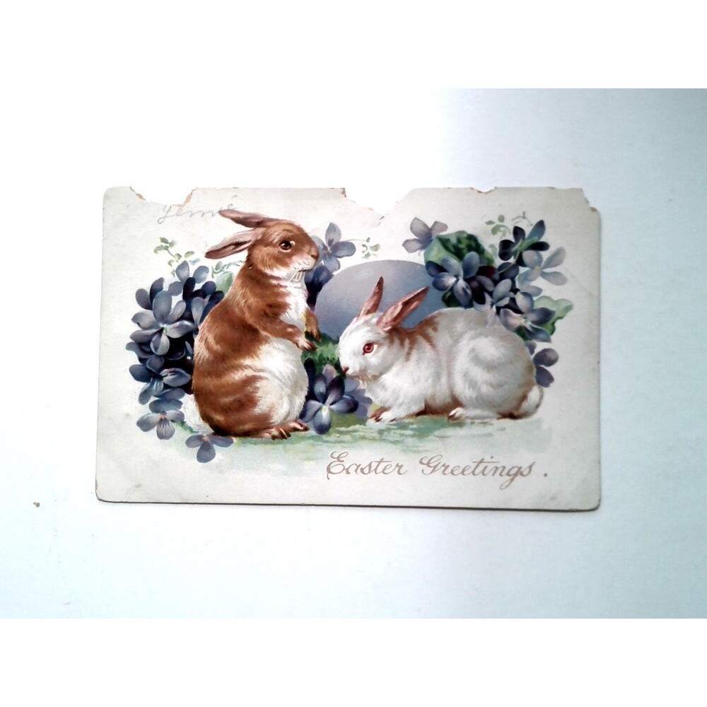 Raphael Tuck & Sons Easter Rabbits Violets Embossed Postcard Germany DAMAGED